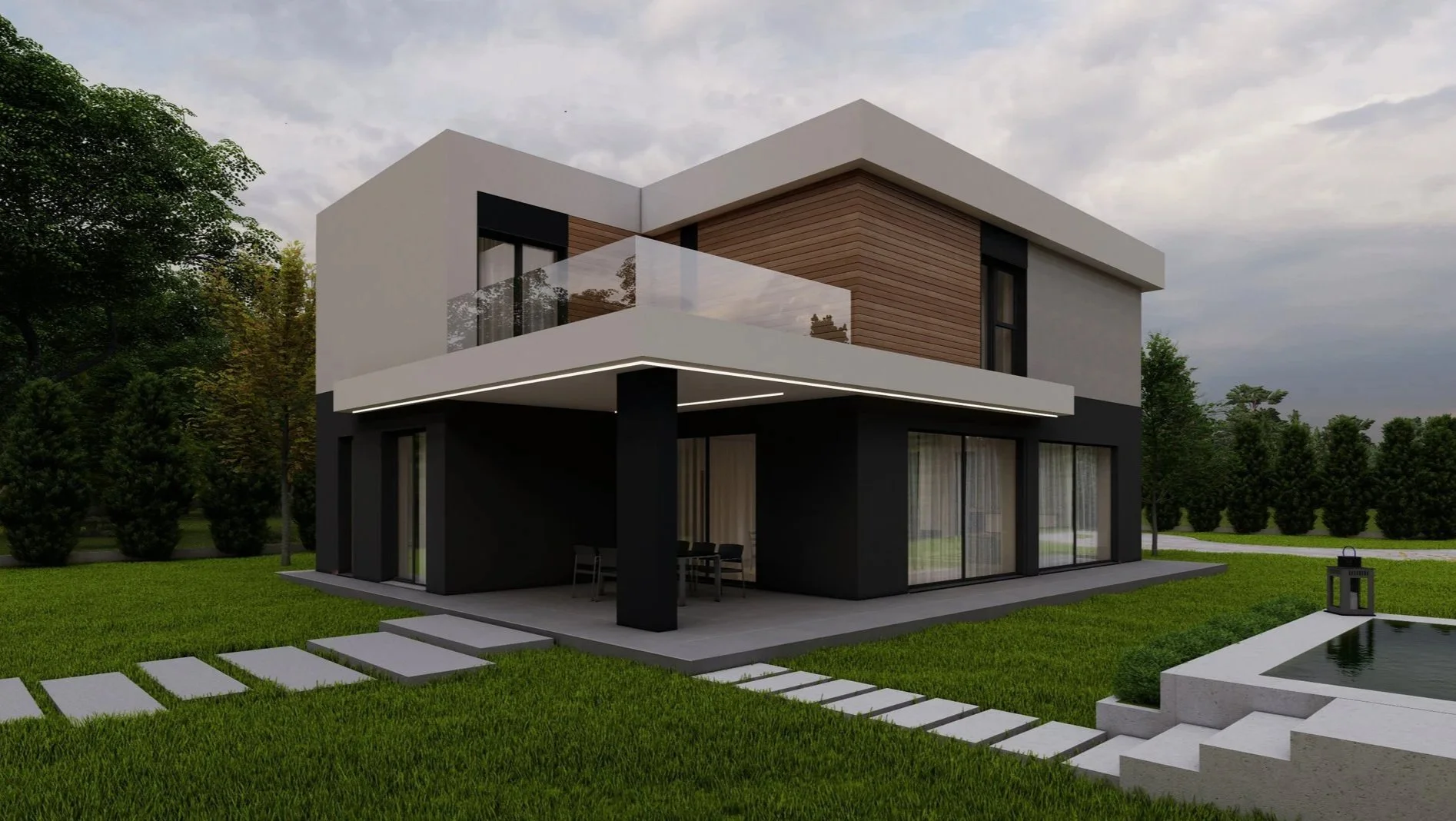 Modern two-story house with black, white, and wood exterior, large glass sliding doors, and a balcony with glass railing, surrounded by green lawn and trees.
