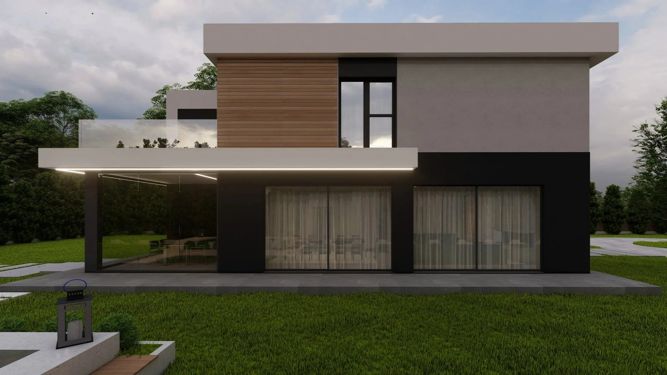 Modern two-story house with large glass sliding doors, a balcony with glass railing, and exterior wooden and gray walls, set against a cloudy sky and surrounded by green grass and trees.
