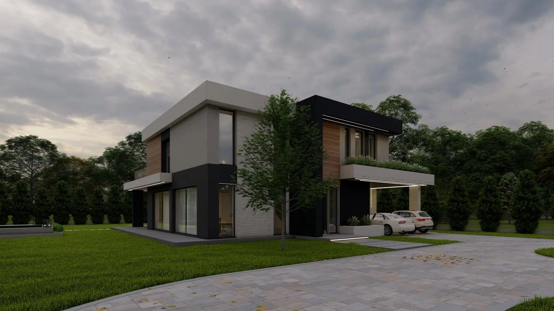 Modern two-story house with large windows, a driveway with two cars, a tree in front, and a landscaped yard, under a partly cloudy sky.