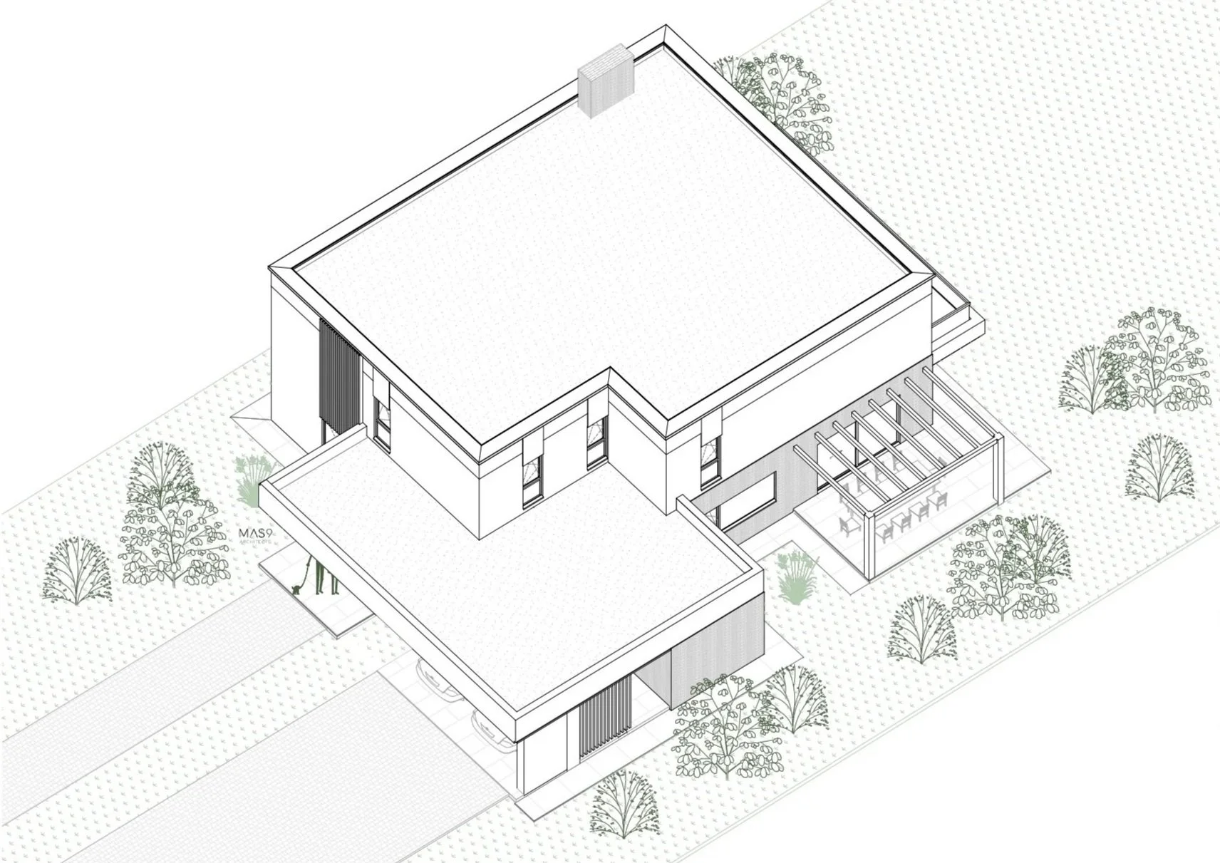 A detailed architectural drawing of a modern house, showing exterior features such as a flat roof, a patio with a pergola, surrounding trees, and a driveway with parked cars.