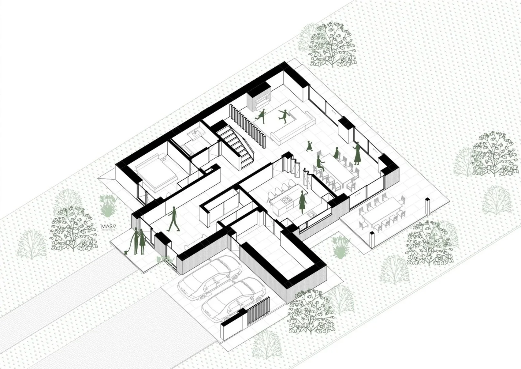Isometric drawing of a modern house with interior rooms including a living room, dining area, kitchen, bedroom, bathroom, staircase, and garage, surrounded by trees and outdoor spaces.