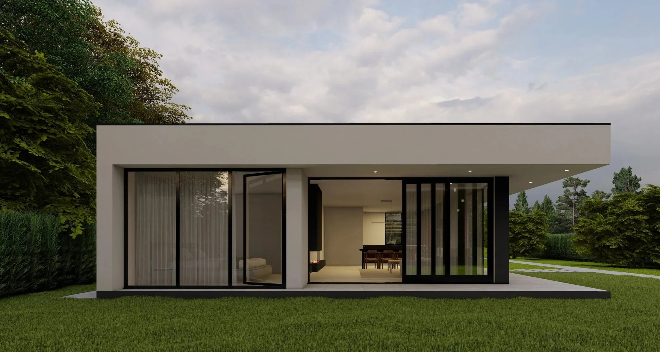 Modern single-story house with large glass sliding doors, white exterior walls, and a flat roof, set in a landscaped yard with green grass and trees in the background.