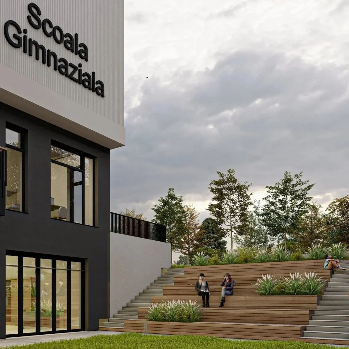 Outdoor seating area with wooden steps and planters, people sitting and talking near a modern school building labeled 'Escuela Escolar Gimnaziala' under a cloudy sky.