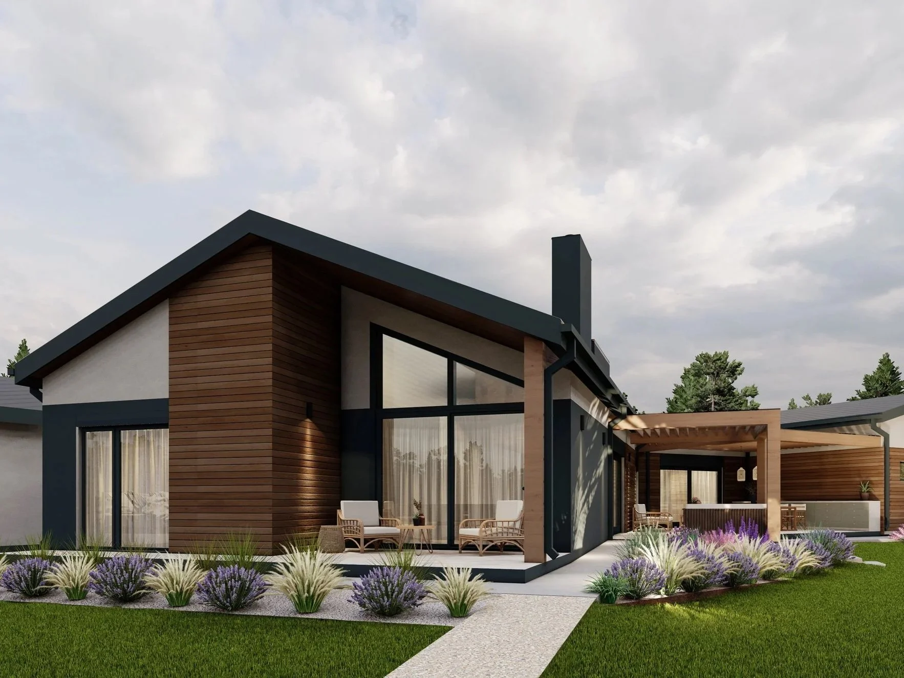 Modern house with large windows, wooden and white exterior, surrounded by landscaping with purple and yellow flowers, and a paved walkway.