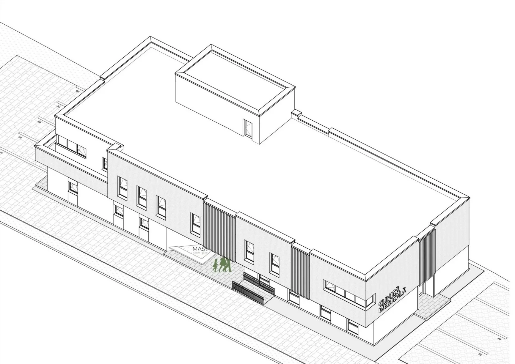 A black and white architectural drawing of a modern multi-story building with labeled entrances and windows, situated along a paved sidewalk with some people walking.