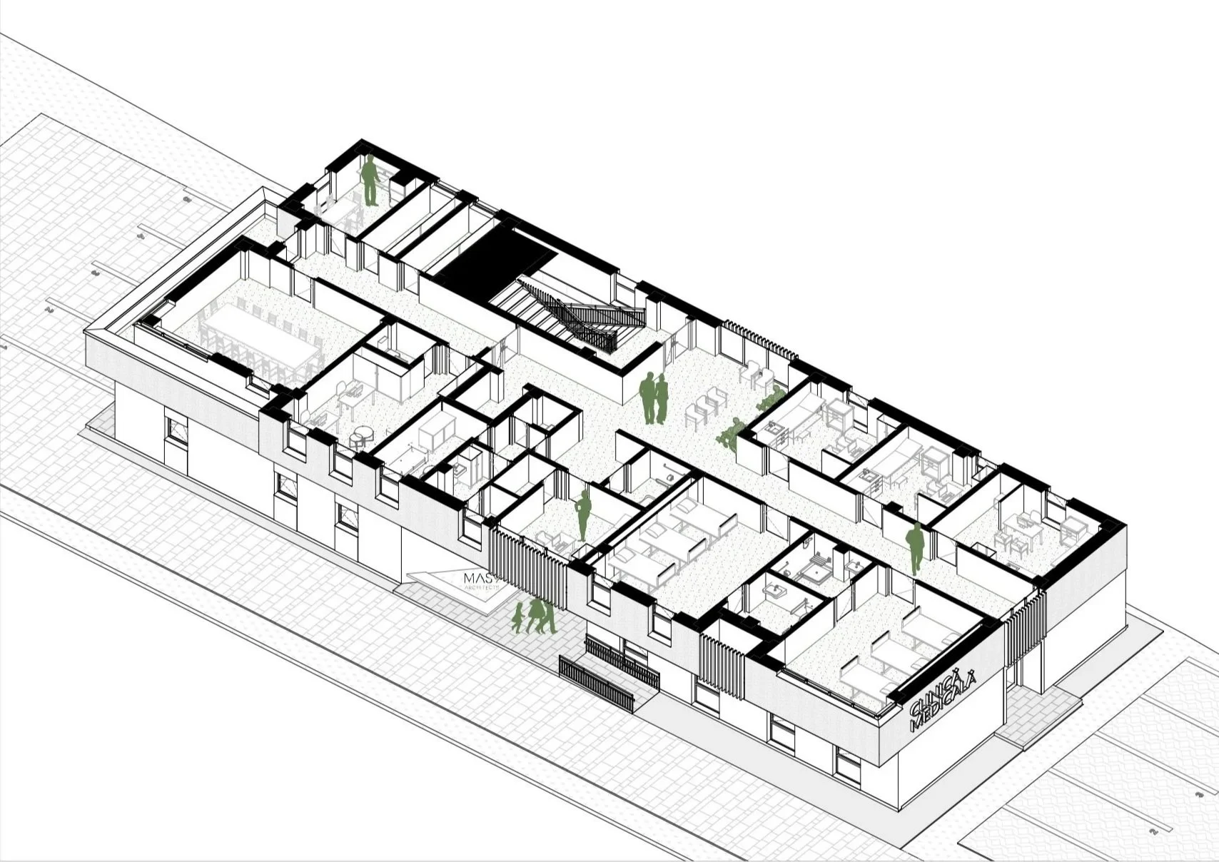 3D architectural floor plan of a multi-story building with interior rooms, corridors, and people walking outside.