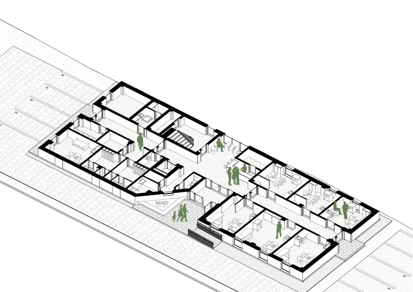 Isometric floor plan of a building with interior rooms, corridors, and people walking inside.