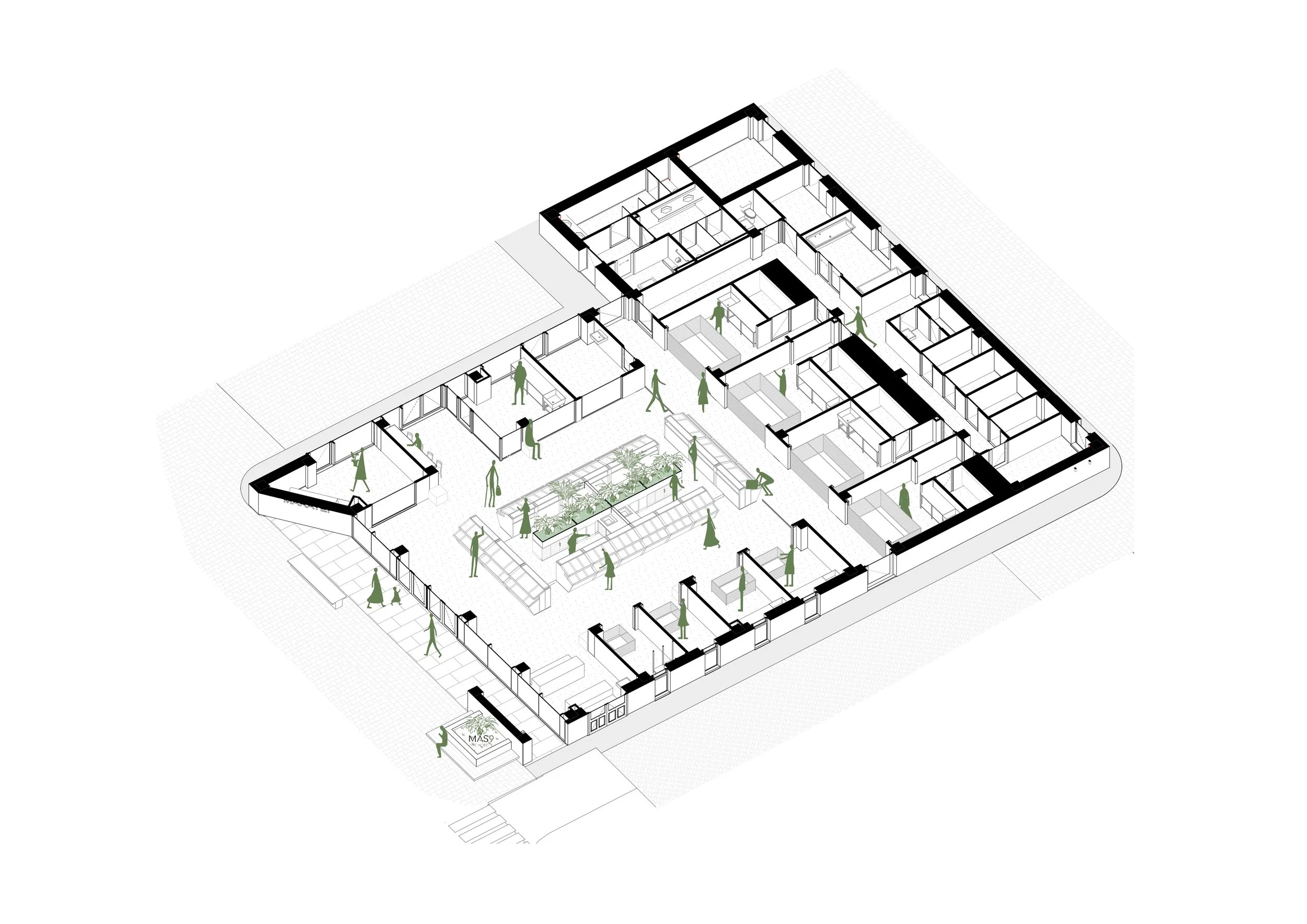 A detailed architectural floor plan of a building with various rooms and an outdoor courtyard, featuring human figures for scale and greenery in the center.