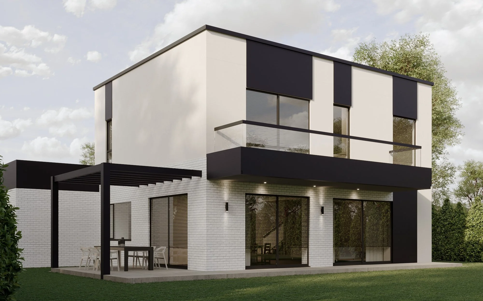 Modern, three-story house with white brick and black panel exterior, large glass sliding doors, and a covered outdoor dining area in the backyard, surrounded by a green lawn and trees.