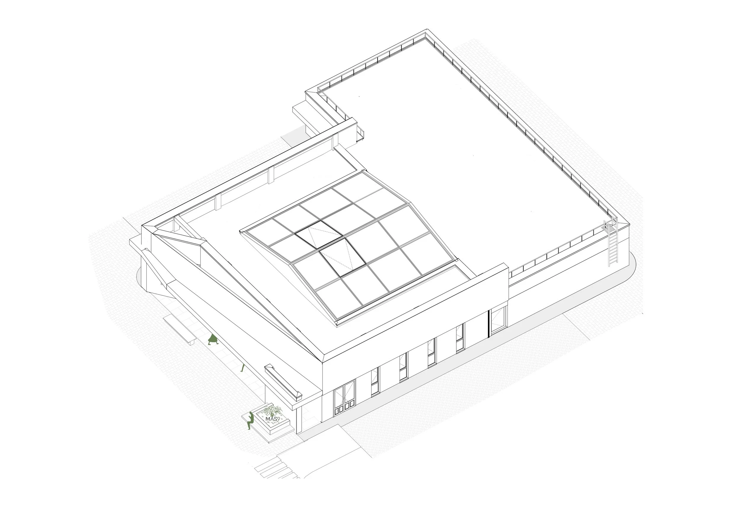Isometric architectural drawing of a modern building with a glass roof section.