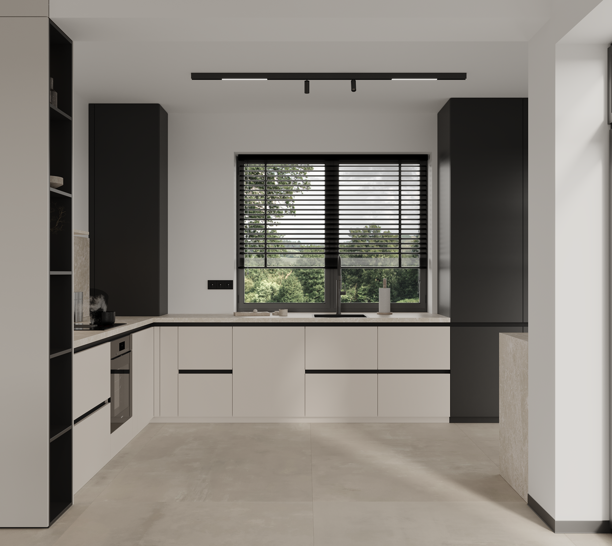 Modern minimalist kitchen with black and white cabinetry, window with black blinds, and a view of greenery outside.