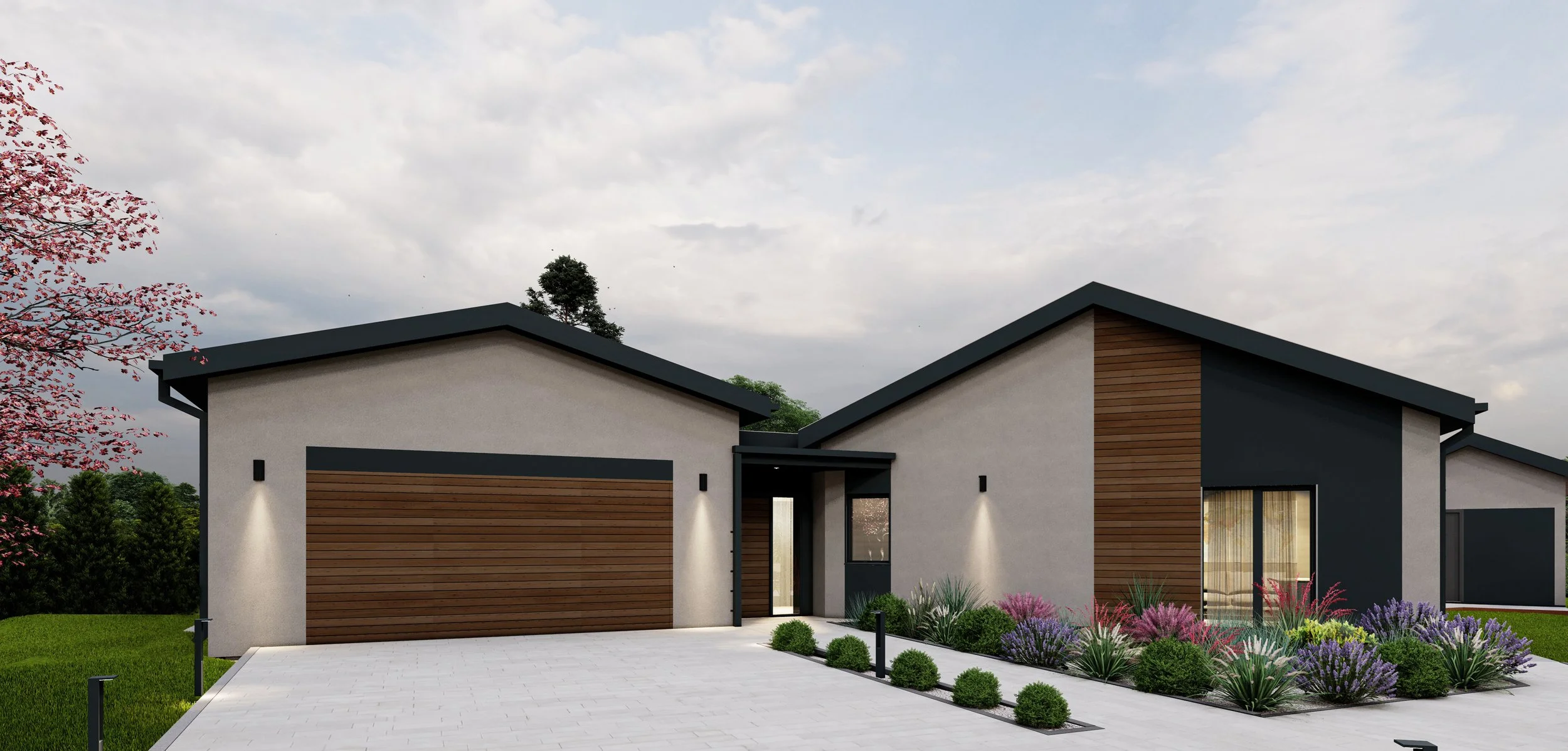 Modern house with a minimalist design, featuring grey walls, wooden accents, and a sloped roof, surrounded by landscaped garden with colorful plants and a paved driveway.