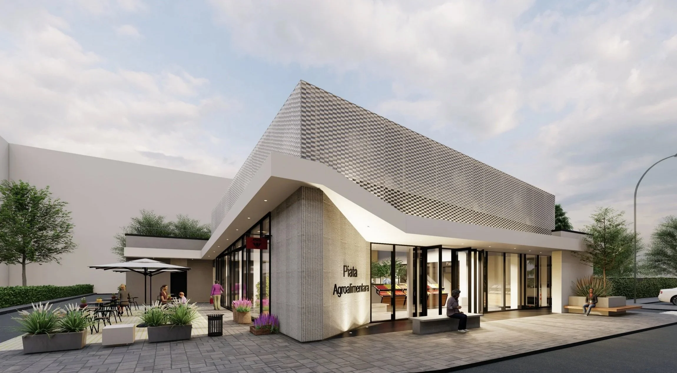 Modern building with glass windows, outdoor seating with tables and chairs, and people sitting and walking outside, surrounded by potted plants and trees, under a partly cloudy sky.