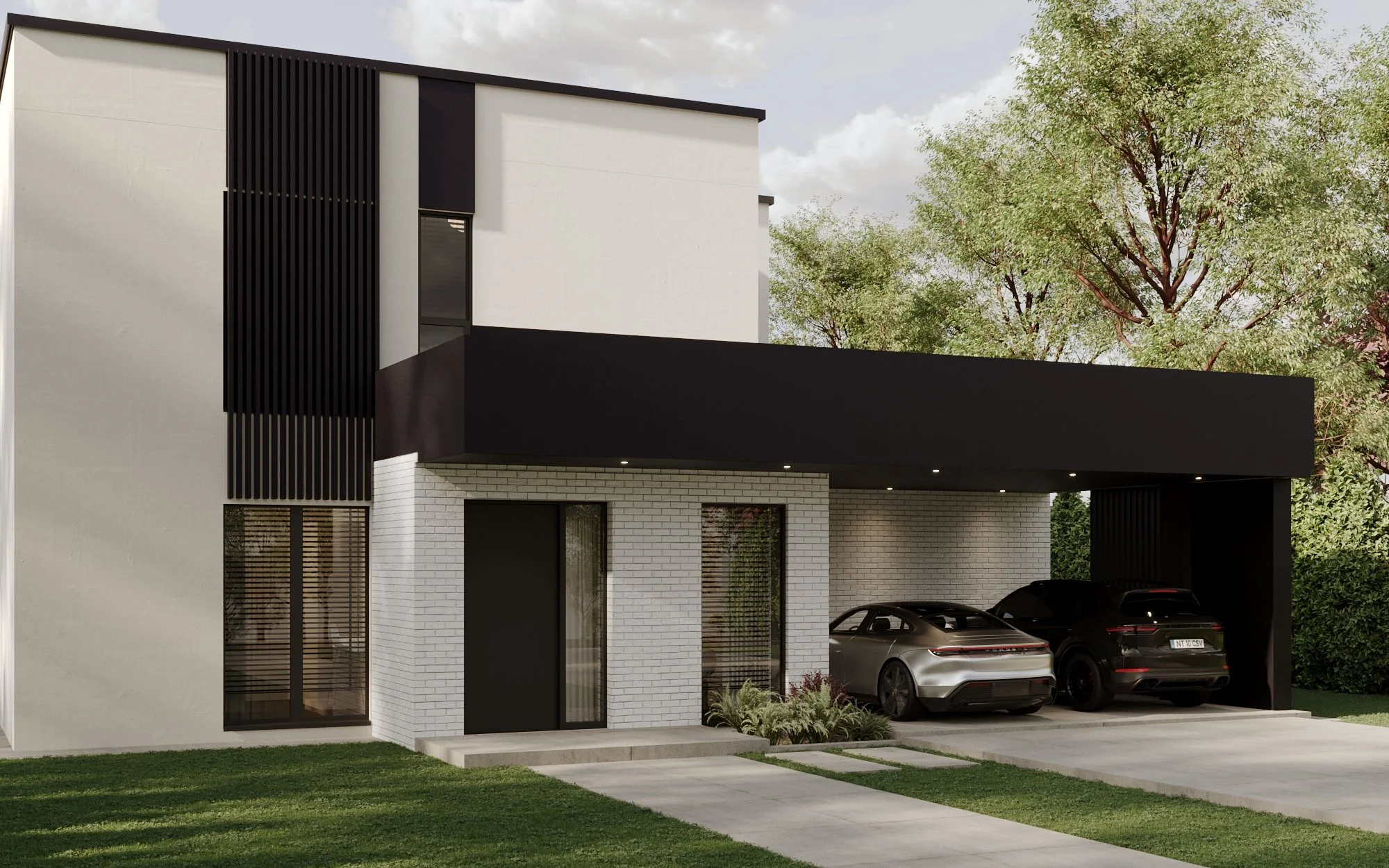 Modern house with a carport containing two cars, white brick exterior, black accents, and surrounding greenery.