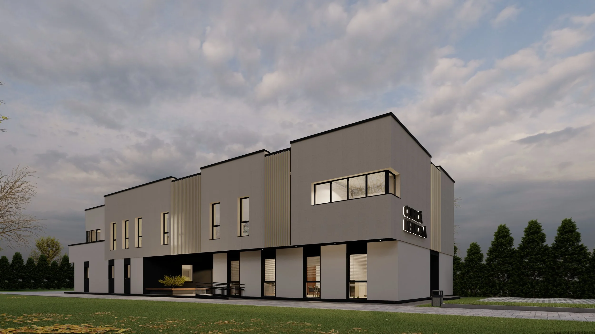 Modern multi-story building with large windows, black trim, and exterior sign that reads 'Clinic & Lounge', surrounded by green lawn and trees, under a partly cloudy sky.