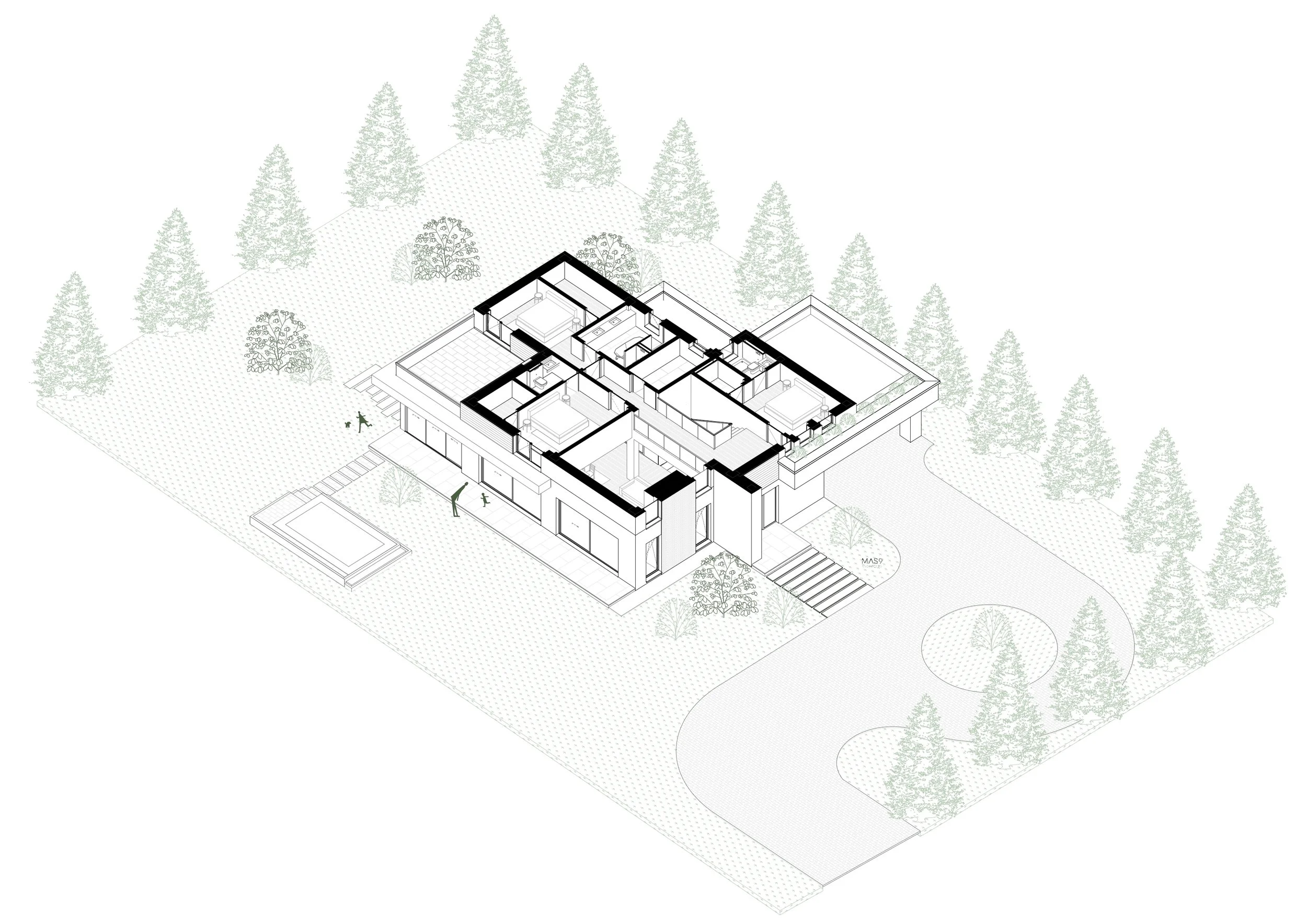 3D architectural rendering of a modern house with outdoor pool, set in a landscaped yard with trees and walking paths.