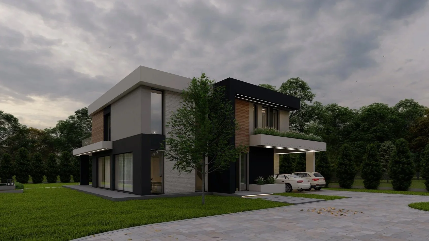 Modern two-story house with black, white, and wooden exterior, surrounded by green lawn and trees, with parked cars under a covered driveway and cloudy sky overhead.