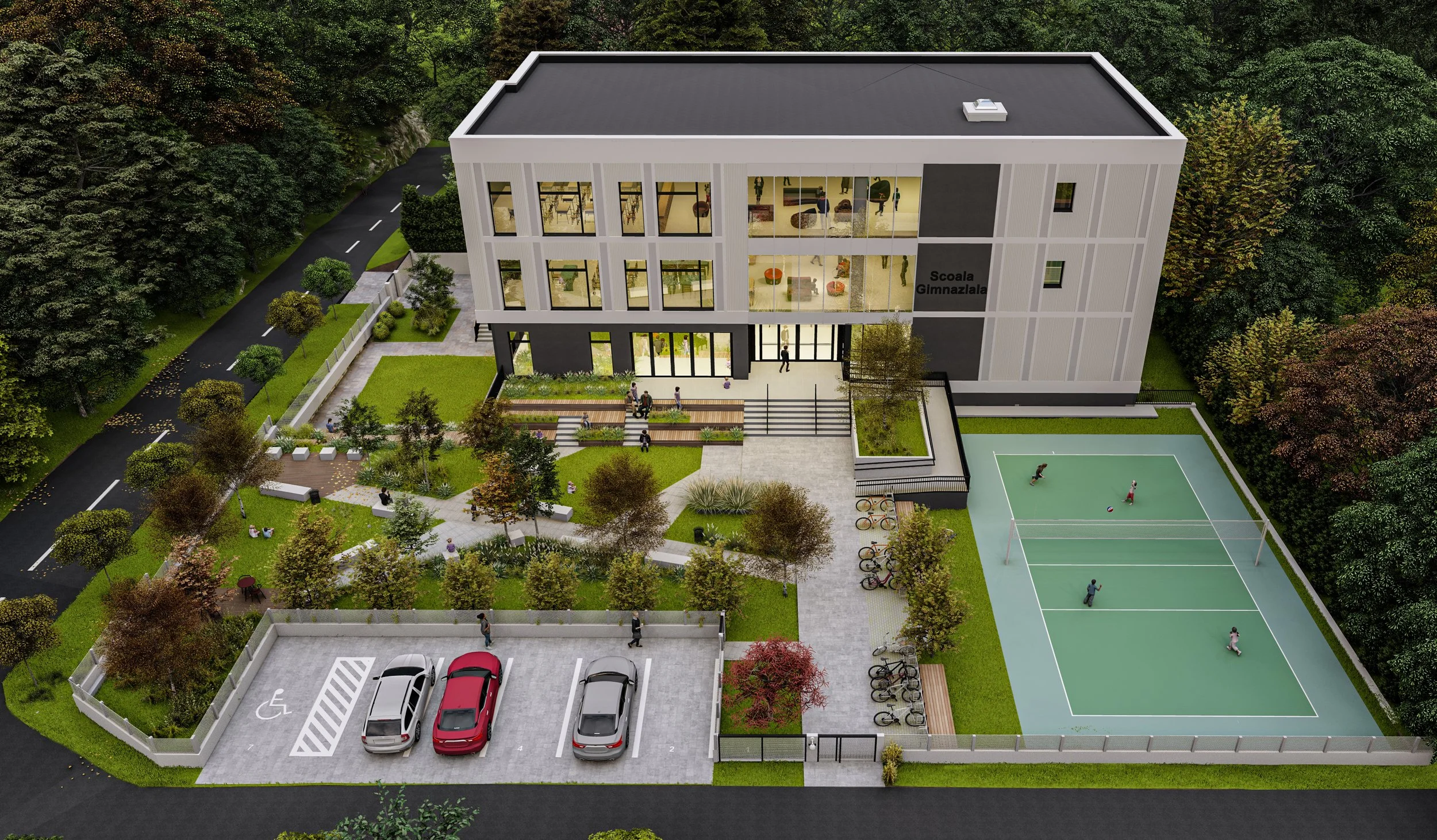 A modern school building with large glass windows, surrounded by trees, a parking lot, a playground with tennis courts, and a landscaped garden area.