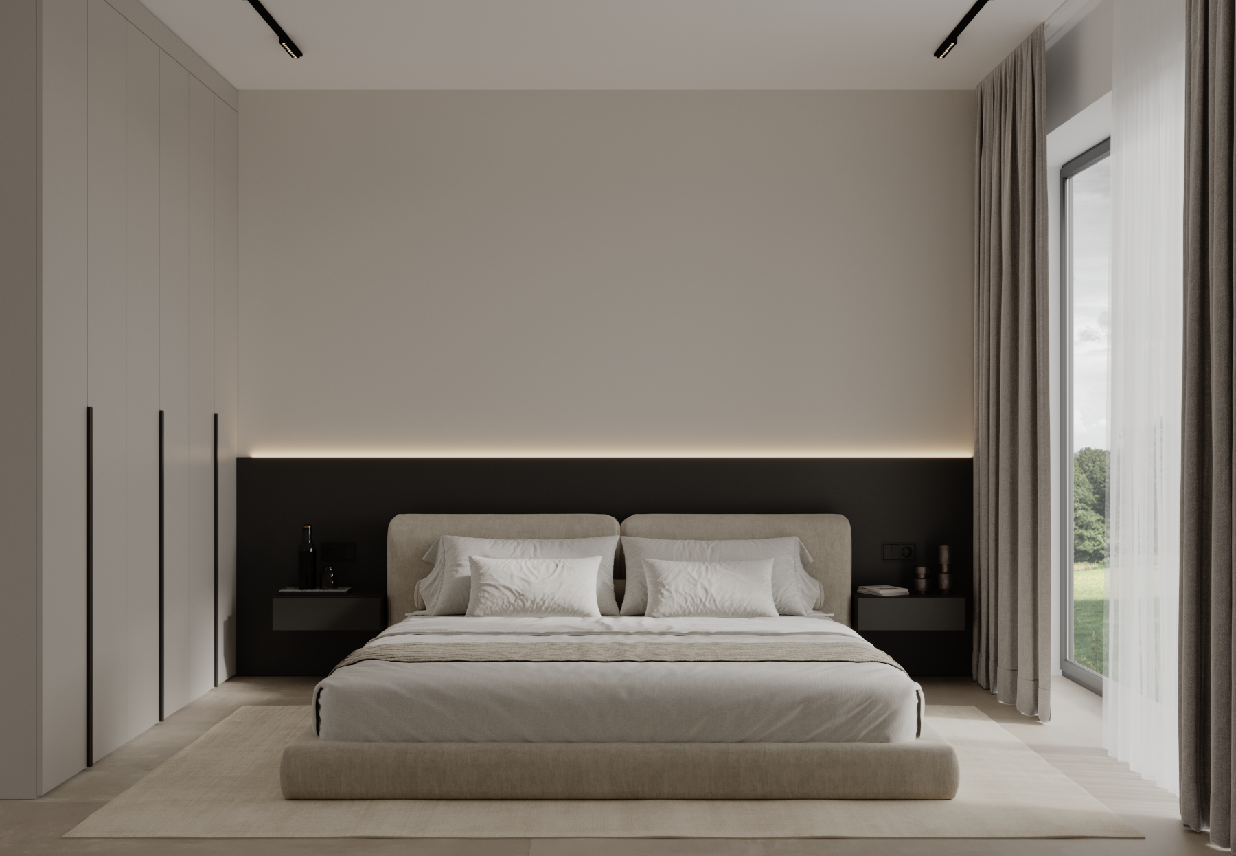 Modern bedroom with a bed, white bedding, and pillows, black headboard with ambient lighting, nightstands with decorative items, large window with beige curtains, and minimalist design.