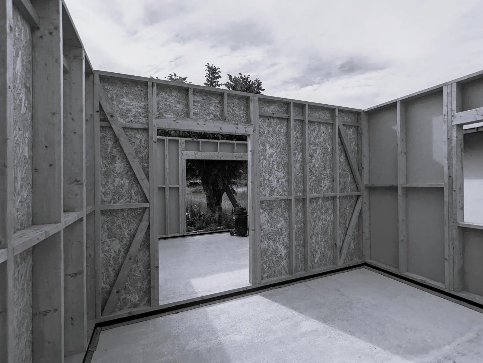 Partially constructed room with exposed wooden framing and OSB sheathing, with an opening looking out to a yard with a tree, and a trash can outside.