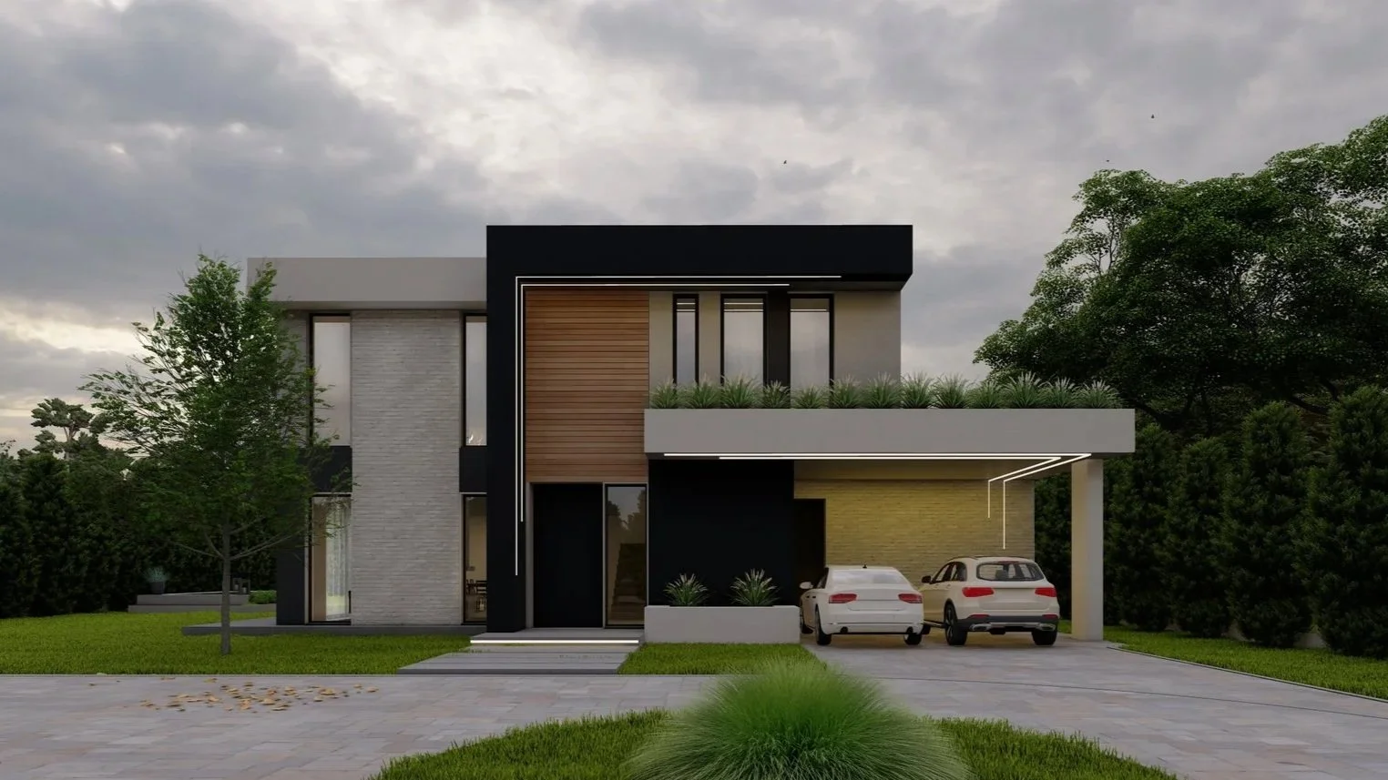 Modern two-story house with black, white, gray, and wood exterior, surrounded by greenery, with two cars parked under a carport.