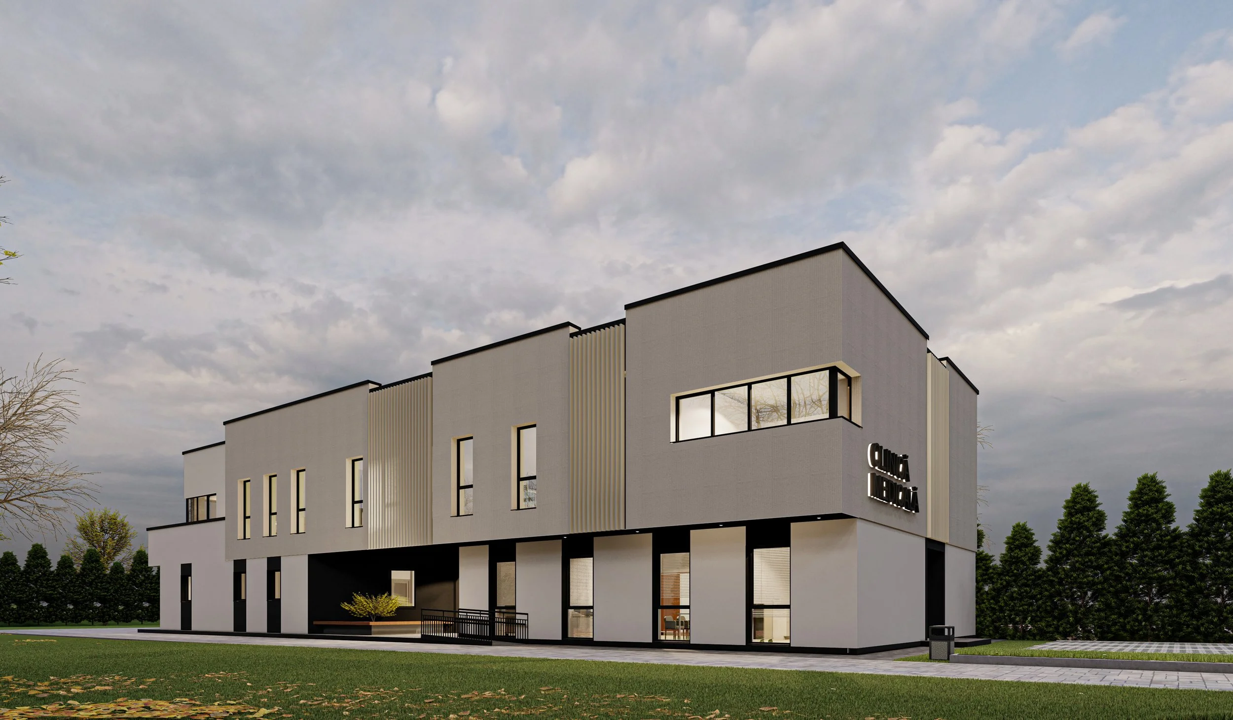 Modern three-story building with the sign "Cline Clinic" on the exterior, large windows, a grassy front yard, and a paved walkway under a partially cloudy sky.