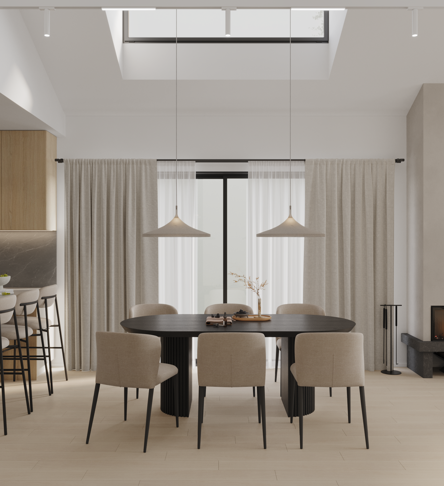 Modern dining room with a black oval table surrounded by six beige chairs, two pendant lights hanging above, large window with sheer curtains, and a skylight in the ceiling.