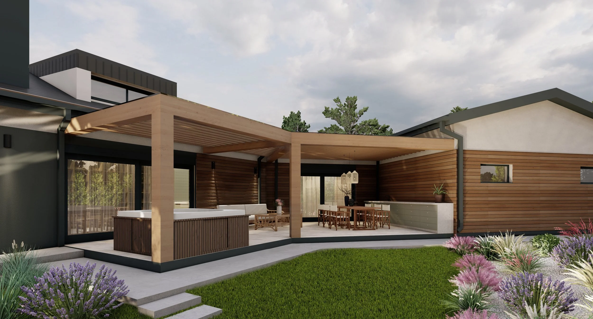 Modern backyard patio area with outdoor furniture, plants, and a lawn.