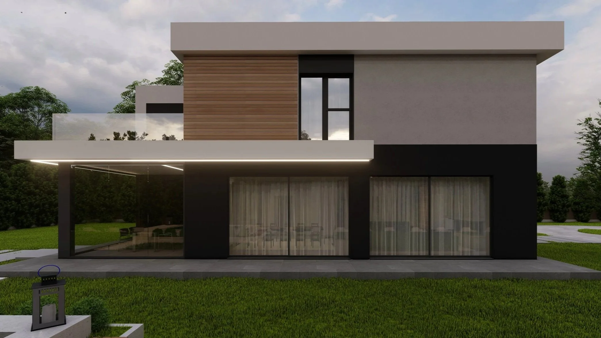 A modern two-story house with large glass sliding doors on the ground floor, a balcony with a glass railing on the upper floor, and a combination of white, black, and wooden exterior elements. The house is surrounded by a green lawn and a paved area, with a gray sky overhead.