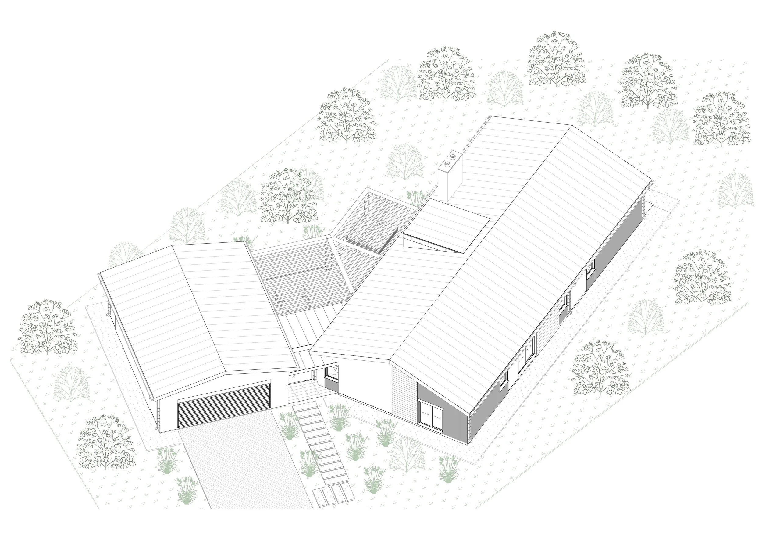 Isometric drawing of a modern house with a sloped roof, garage, outdoor patio, and surrounding trees and landscape.