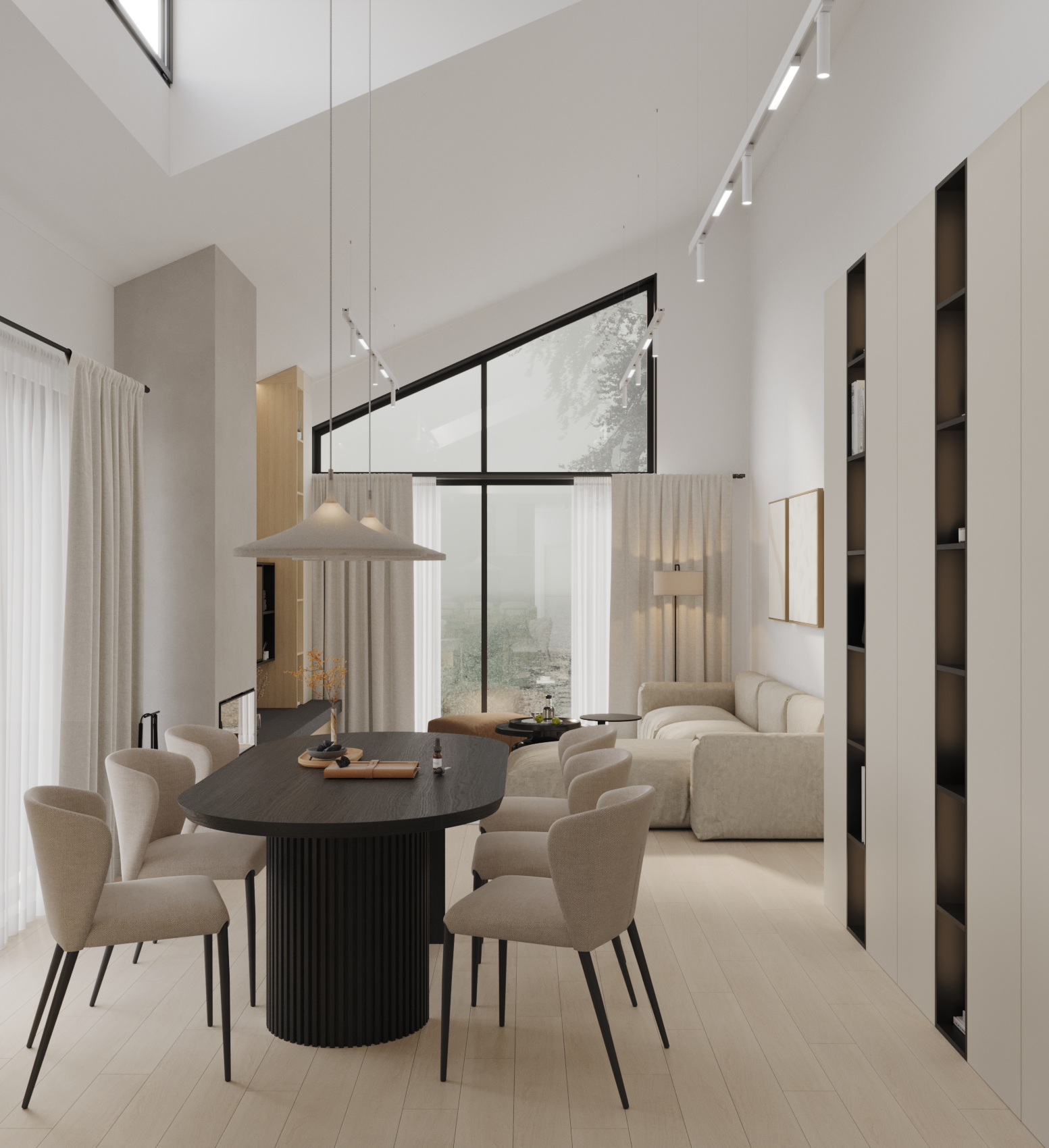 Living and dining room with high ceiling, large window with curtains, beige sofa, black dining table, eight beige chairs, and modern lighting fixtures.