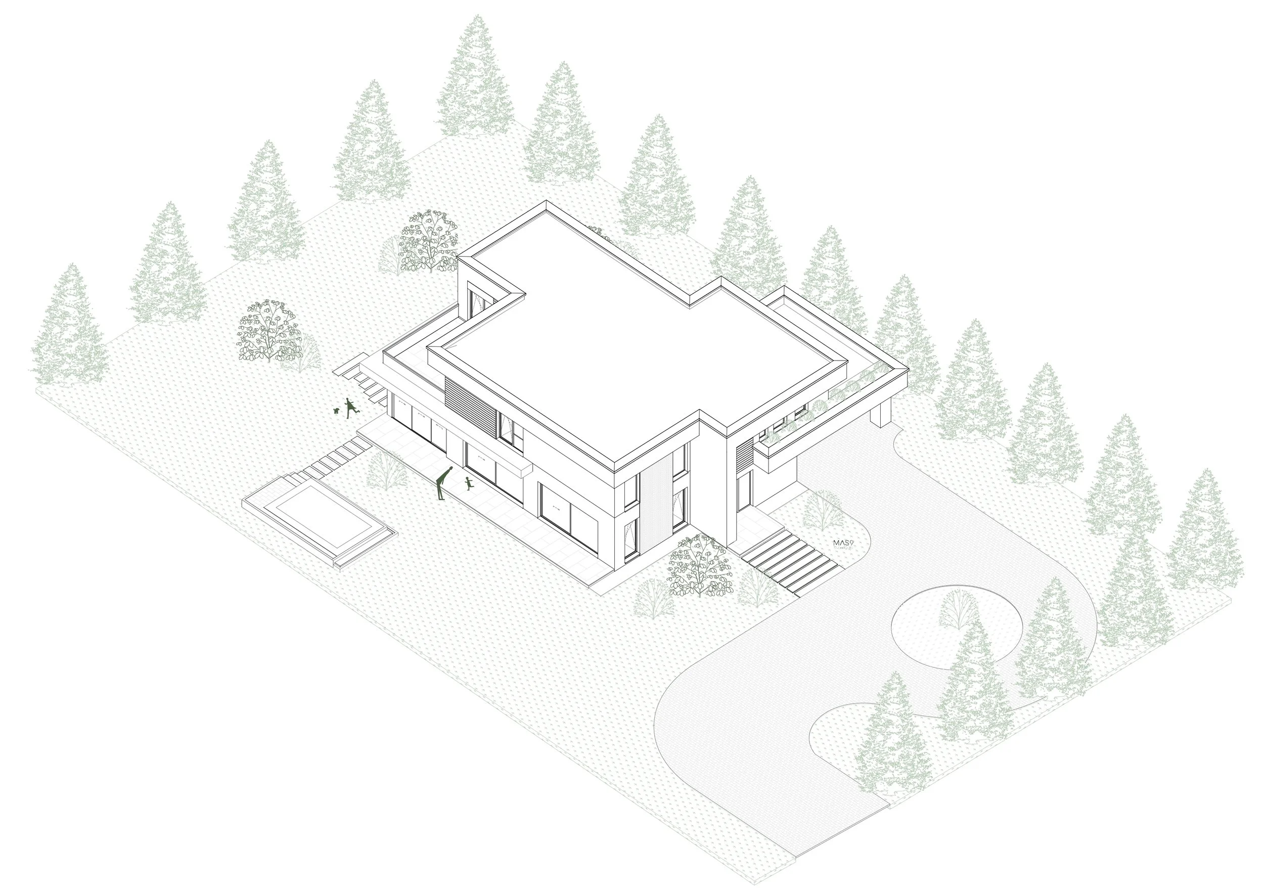 A 3D architectural drawing of a modern house with surrounding trees, a driveway, a small pool, and landscaped yard.