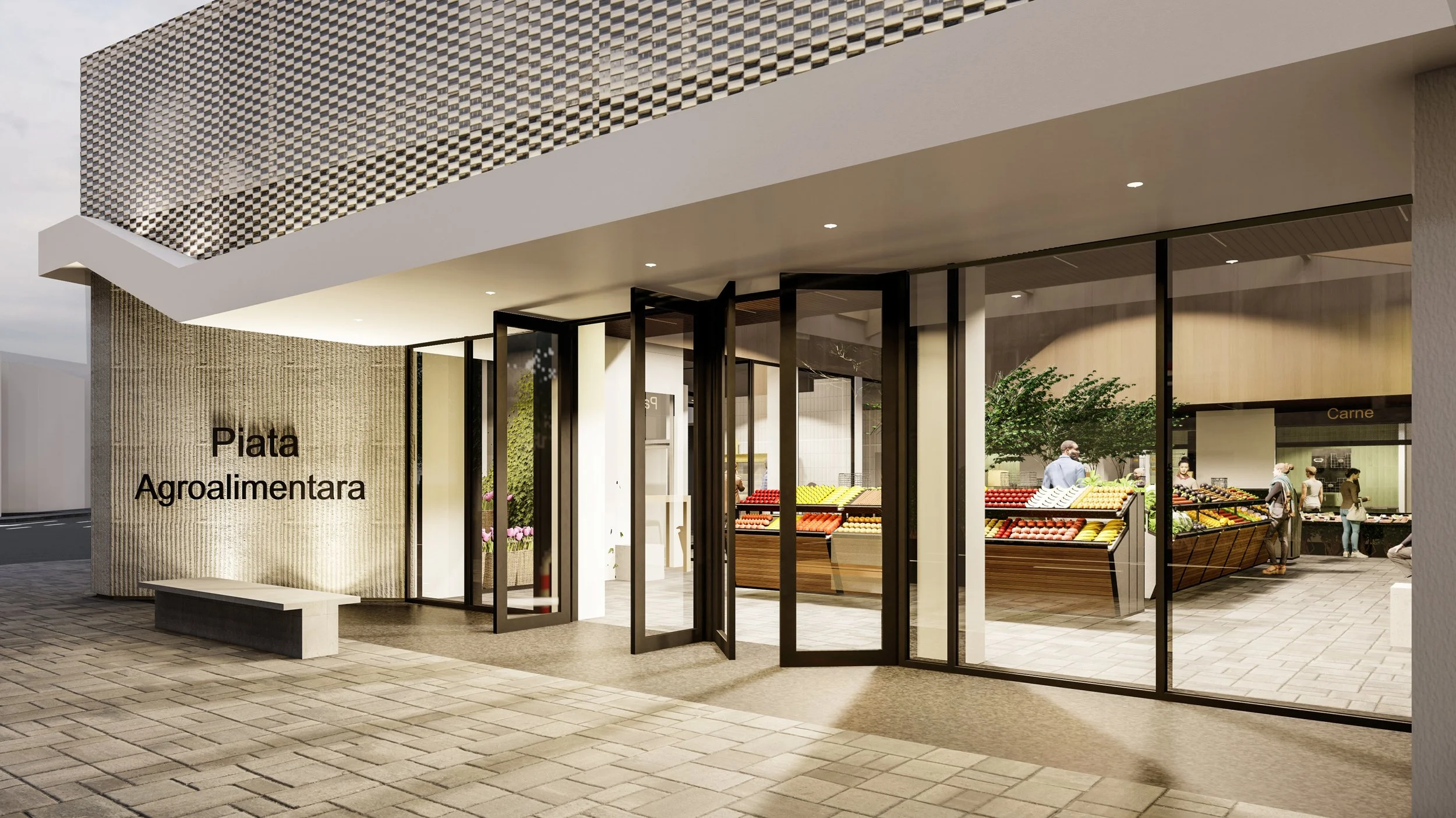 Exterior view of a modern fresh produce store with large glass windows and doors, sign reading 'Piata Agroalimentara,' displaying a variety of fruits and vegetables inside, with customers shopping.