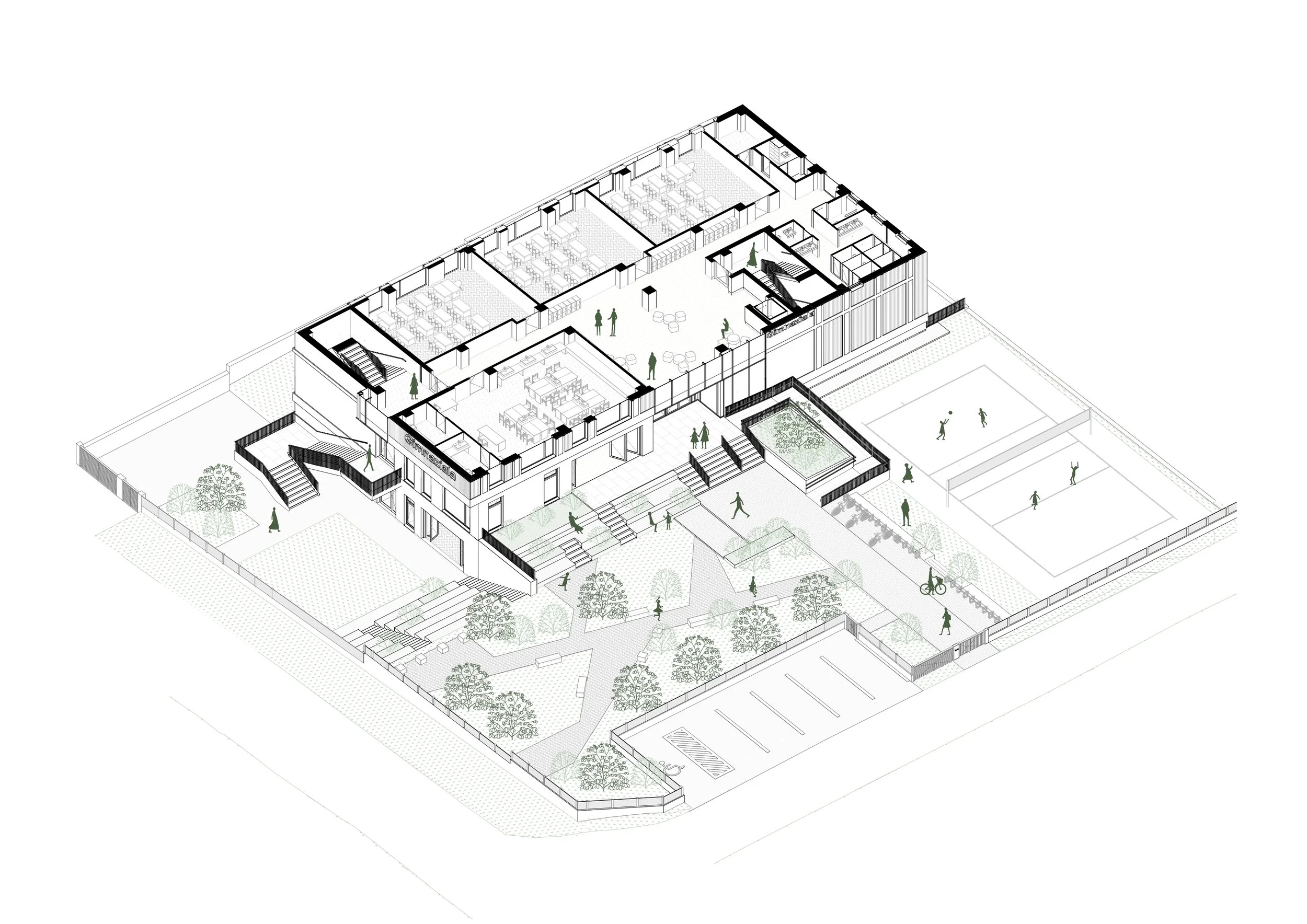 Isometric illustration of a modern recreational community with outdoor tennis courts, a swimming pool, landscaped greenery, and a multi-floor building with rooms and common areas, showing people walking and cycling.