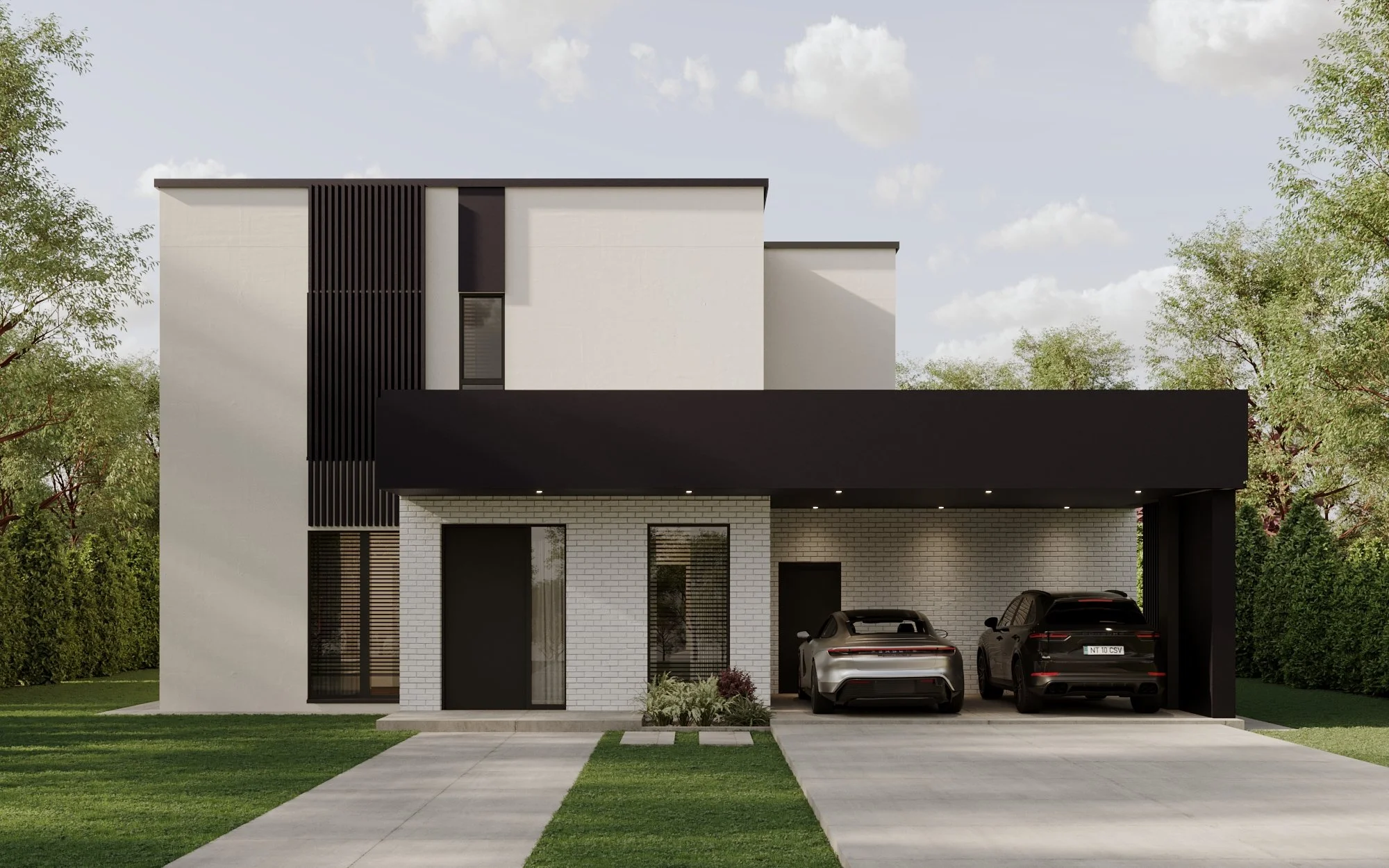 Modern two-story house with a driveway, two cars parked under a black carport, surrounded by green lawn and trees, with a cloudy sky in the background.
