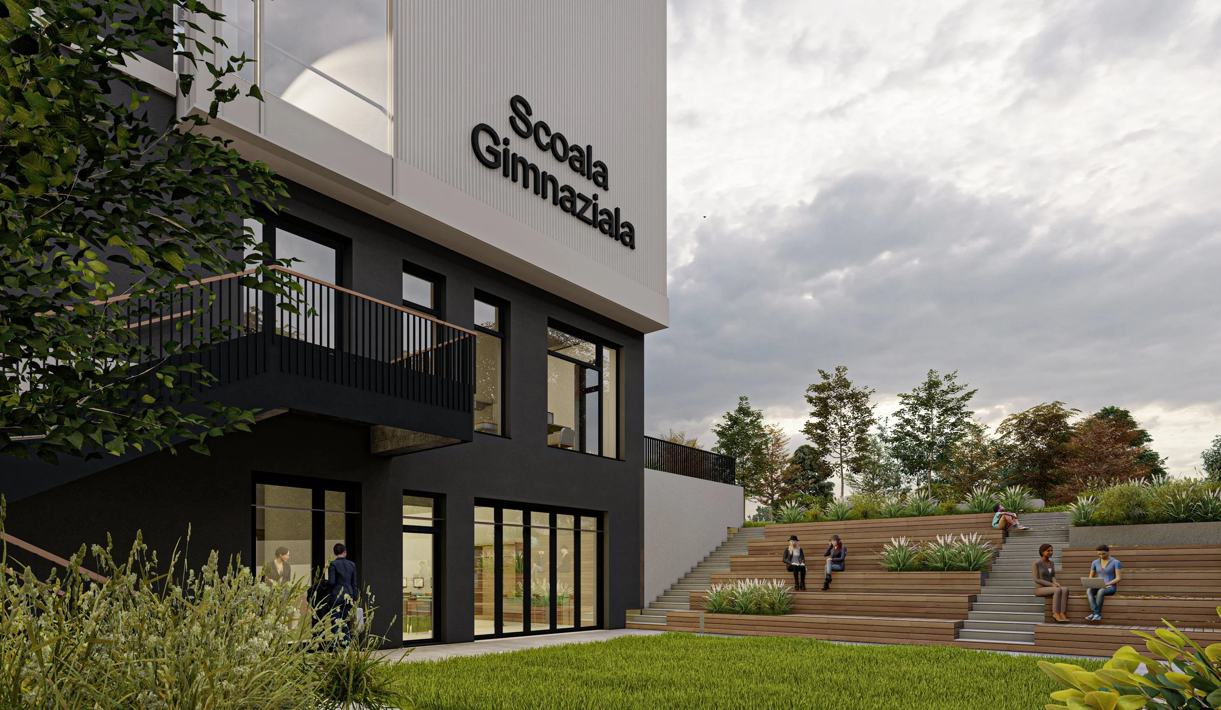 Render of a modern school building titled 'Scoala Gimnaziala', with outdoor seating and greenery, under a cloudy sky.