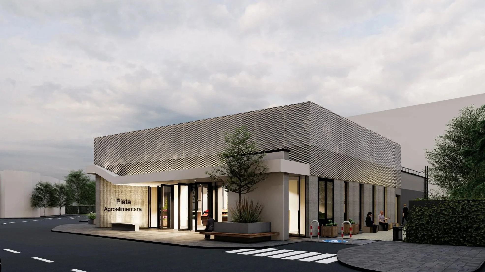 Modern building with a curved roof and large glass windows, labeled 'Piata Agroalimentara', with trees and people sitting outside under a cloudy sky.