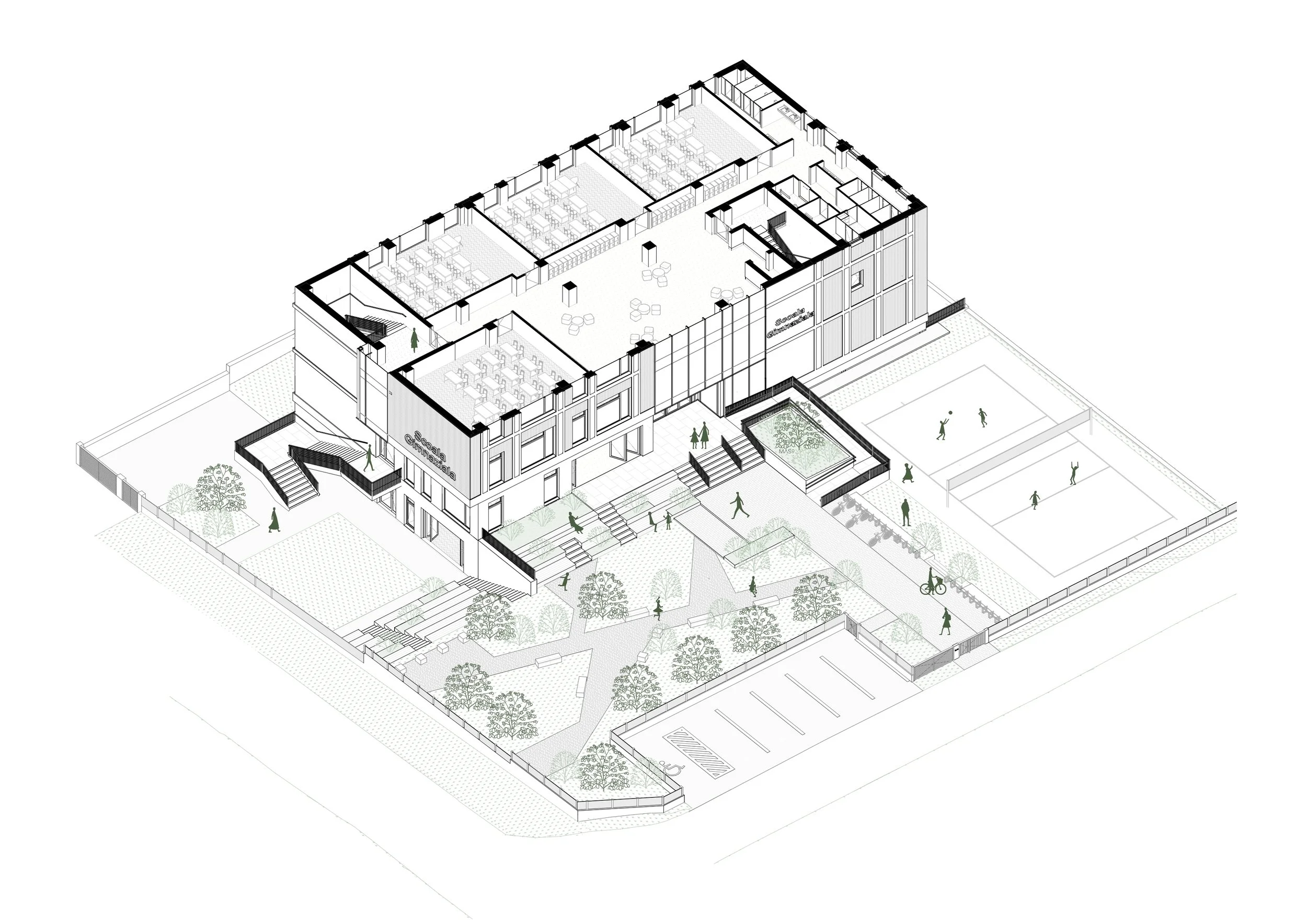 Isometric architectural drawing of a multi-story building with outdoor recreational areas including tennis courts, outdoors seating, and landscaped garden with trees and pathways.