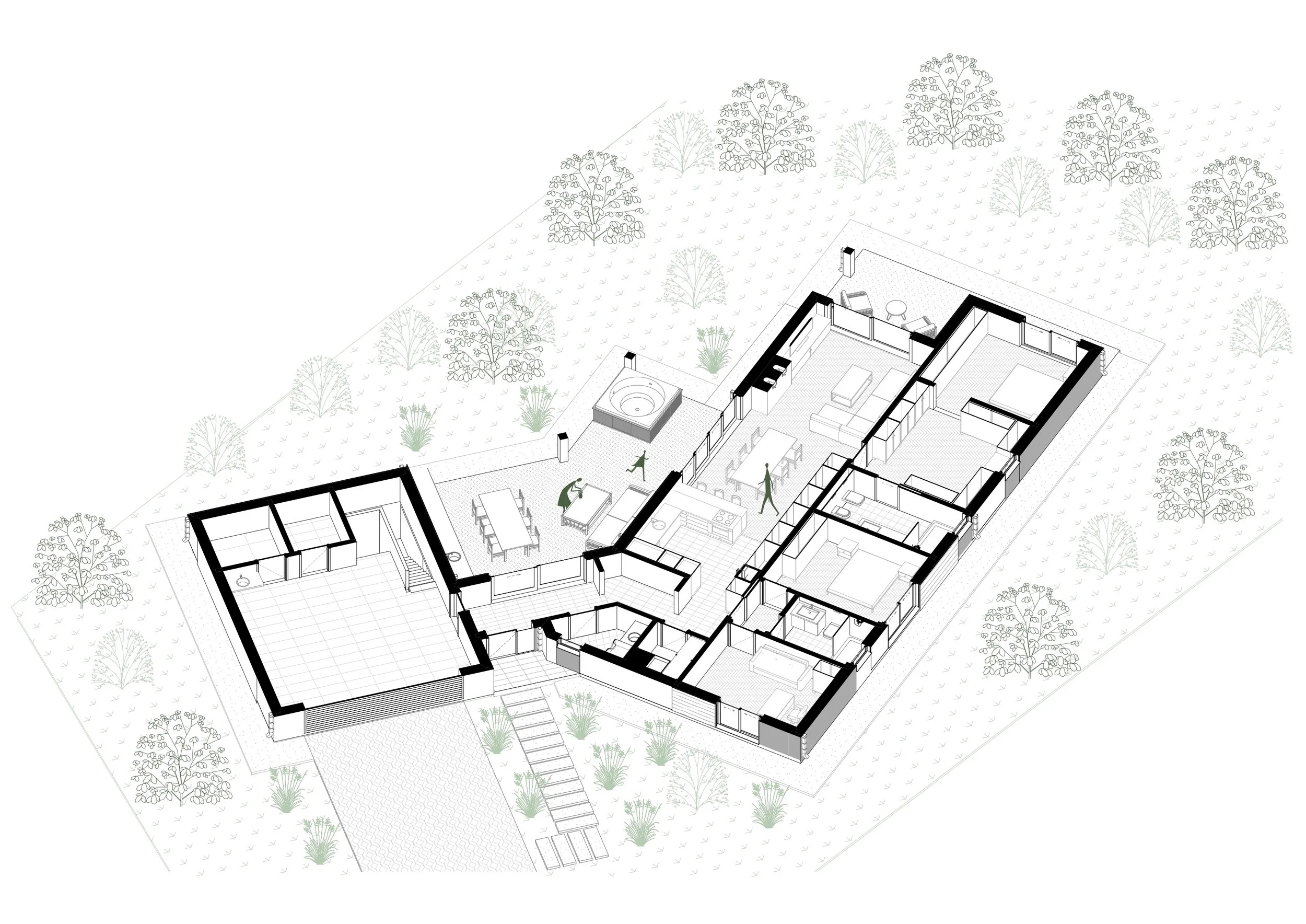 Isometric architectural floor plan of a house with multiple rooms including bedrooms, living room, kitchen, dining area, bathroom, garage, and outdoor patio with trees and landscaping.