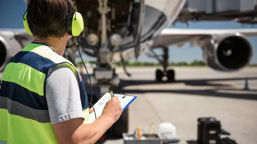 Un technicien effectue des inspections sur un avion dans une base aérienne, portant des écouteurs et tenant une fiche de contrôle.