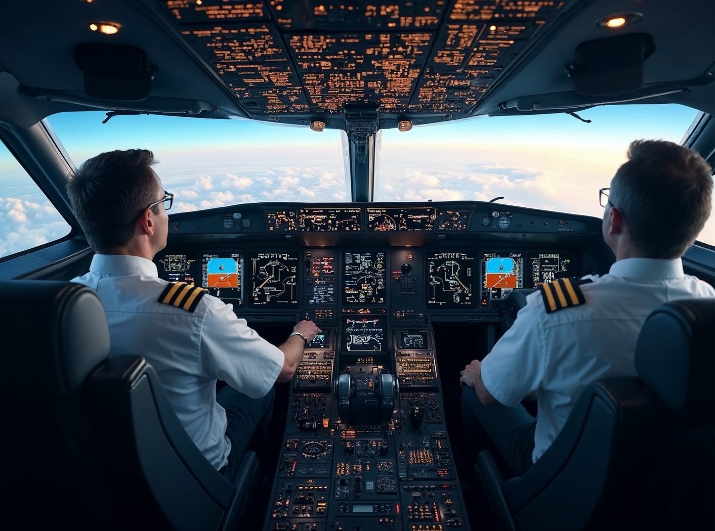 Deux pilotes dans le cockpit d'un avion volant à haute altitude au-dessus des nuages, avec de nombreux écrans et commandes autour d'eux.