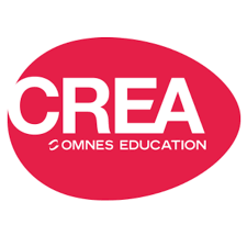 Logo de CREA Comnes Education avec texte blanc sur un fond rouge.