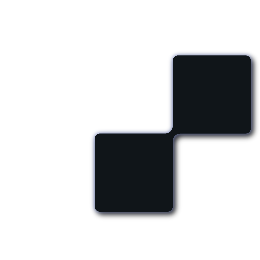 Abstract design featuring two black square shapes with rounded edges connected by a thin purple border on a black background.