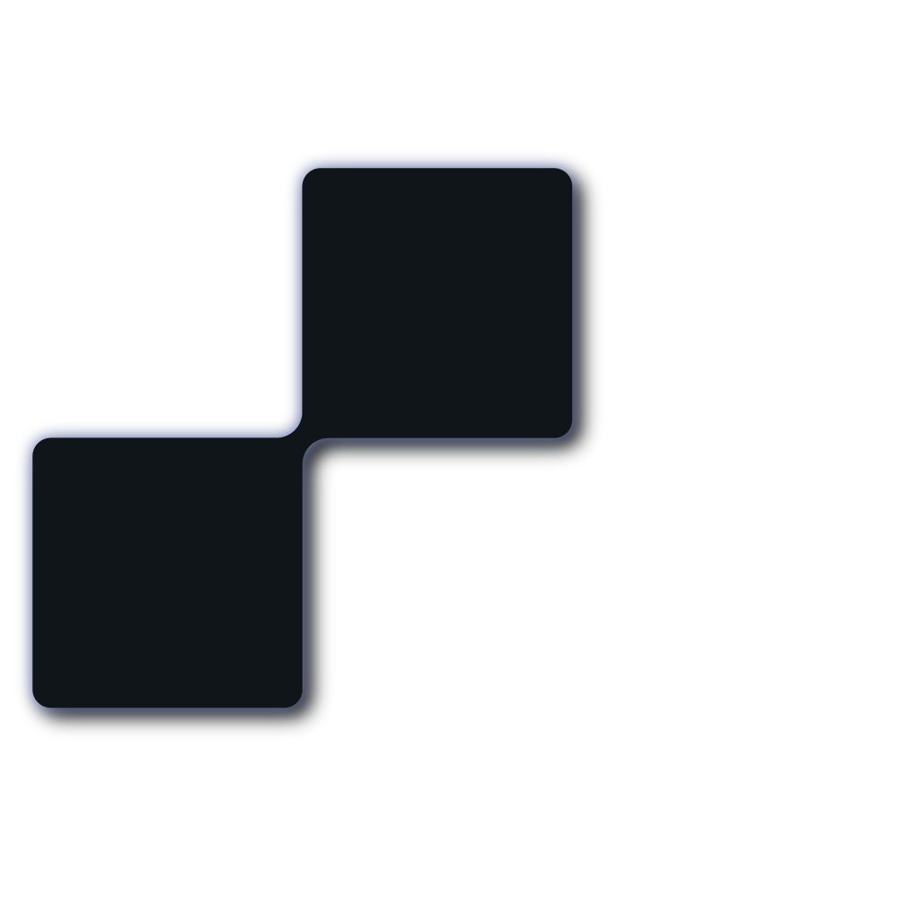 Abstract design featuring two black square shapes with rounded edges connected by a thin purple border on a black background.