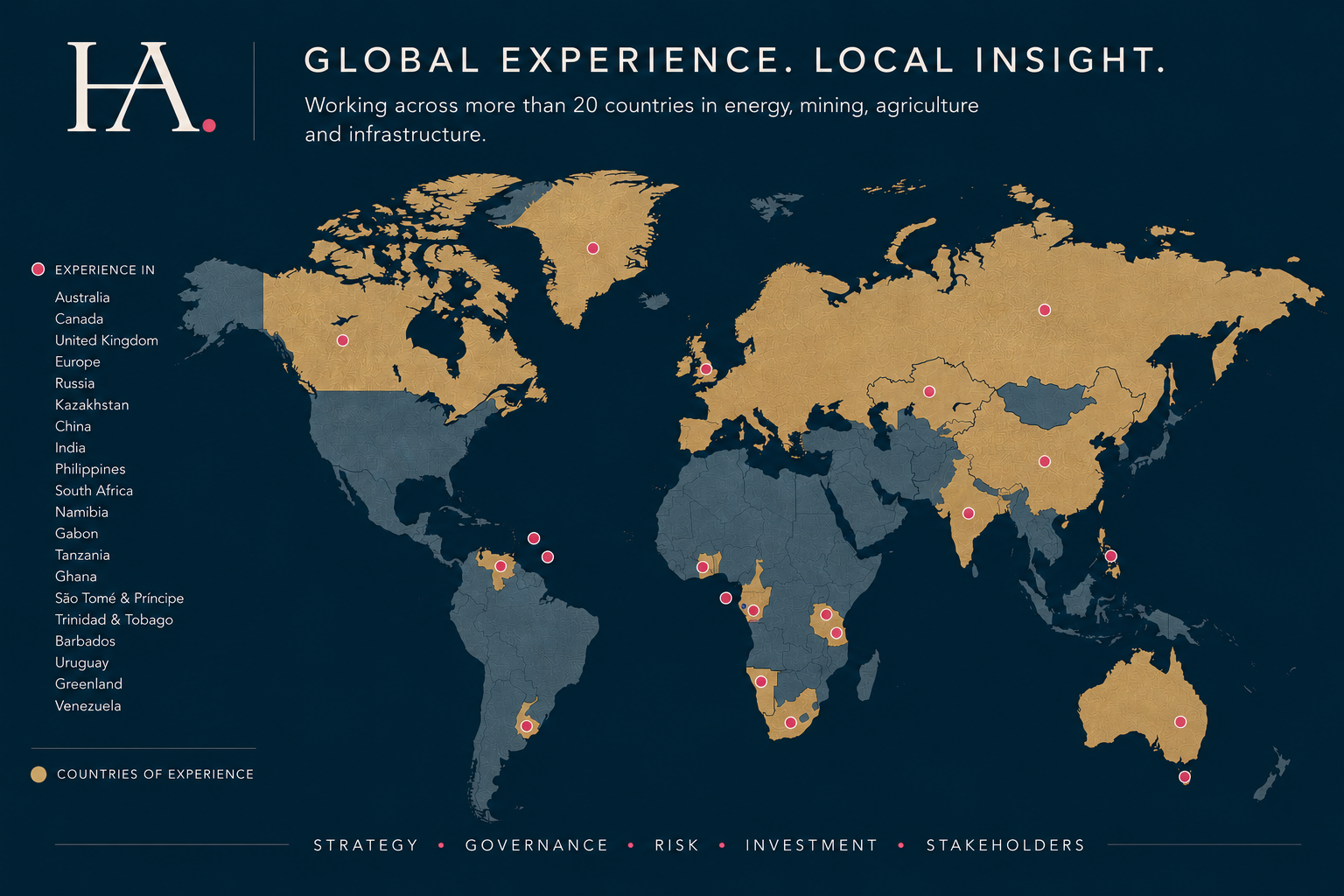 World map highlighting countries where Samantha Meehan has experience.