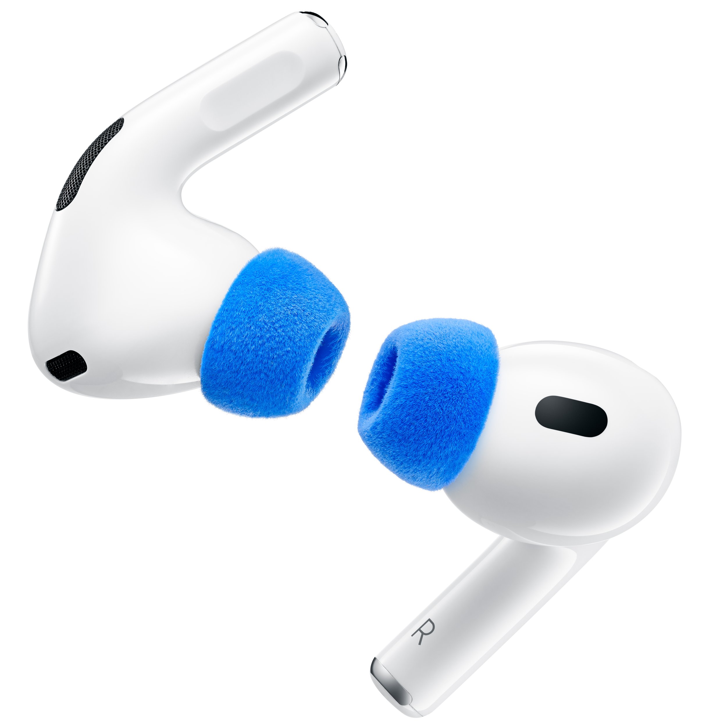 Wireless earbuds with blue foam ear tips placed against a white background.