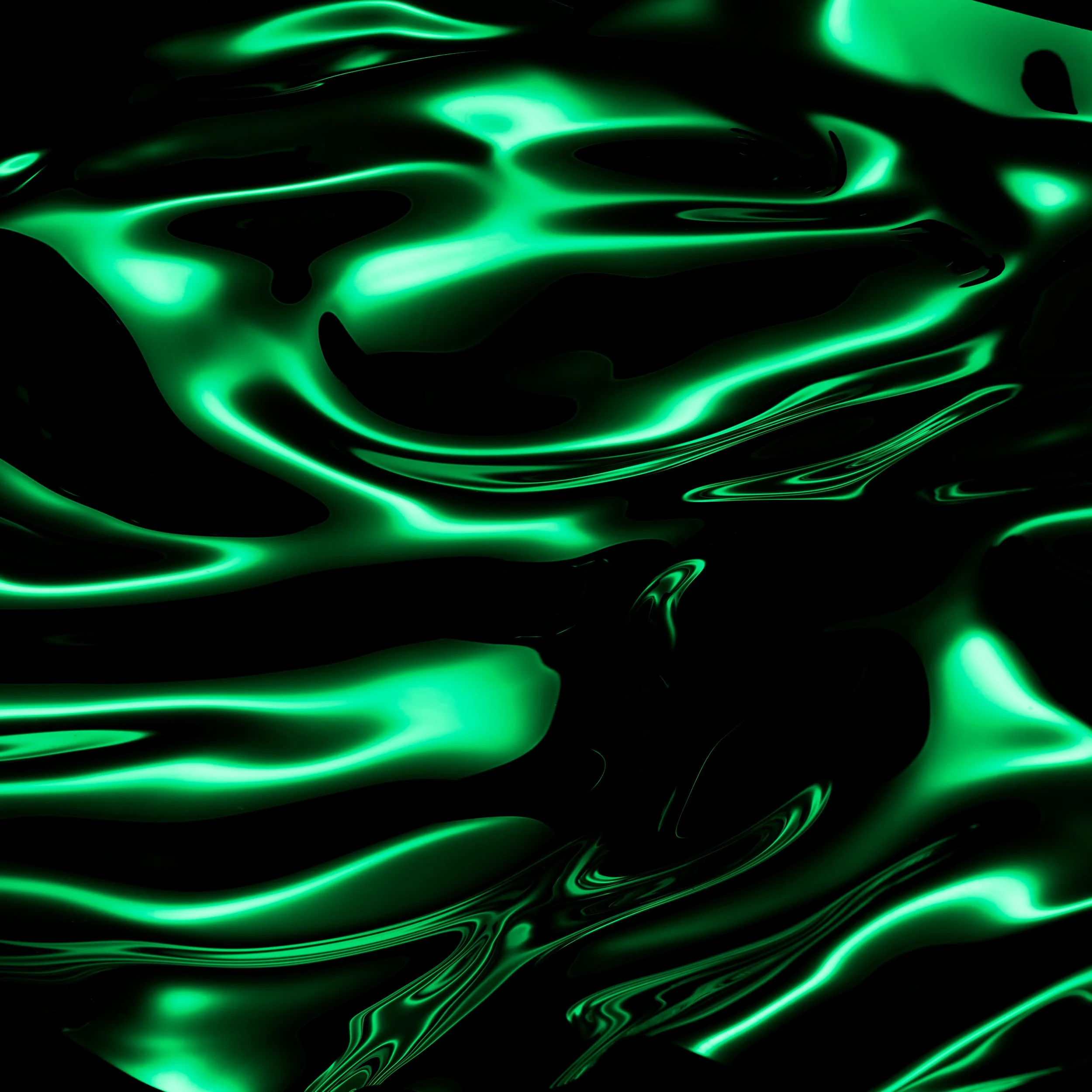 Abstract digital artwork with flowing green and black liquid-like patterns.