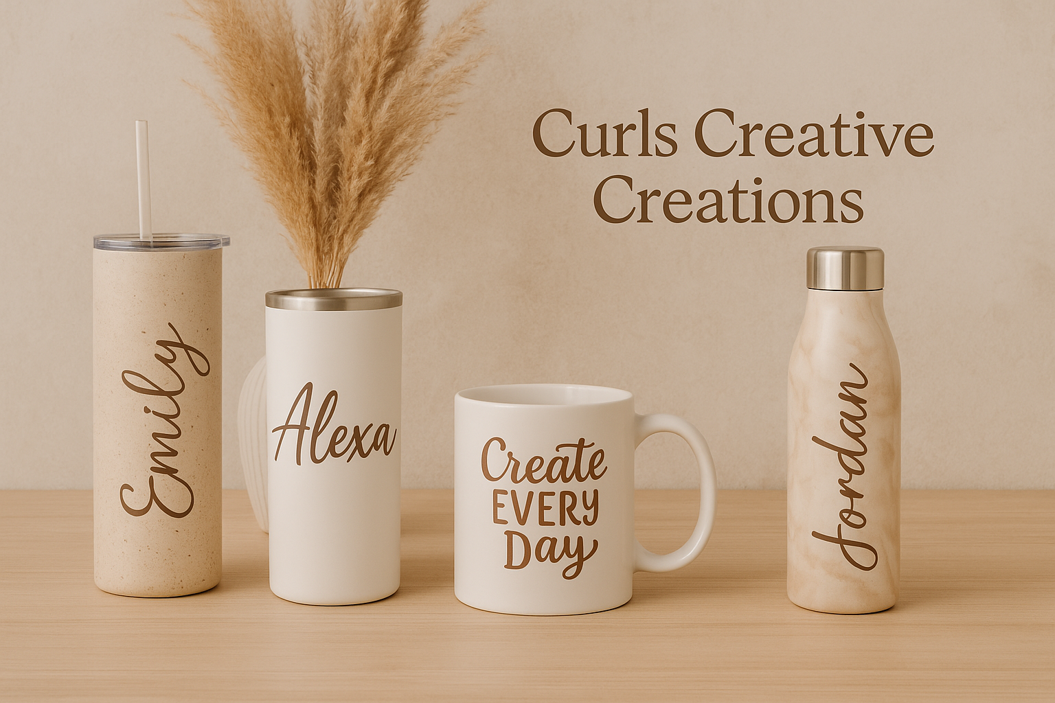 A beige tumbler with a straw labeled 'Simply', a white canister with dried pampas grass labeled 'Alexa', a white coffee mug with the text 'Create EVERY Day', and a beige water bottle labeled 'Forward', all placed on a wooden surface against a beige background with the text 'Curls Creative Creations'.