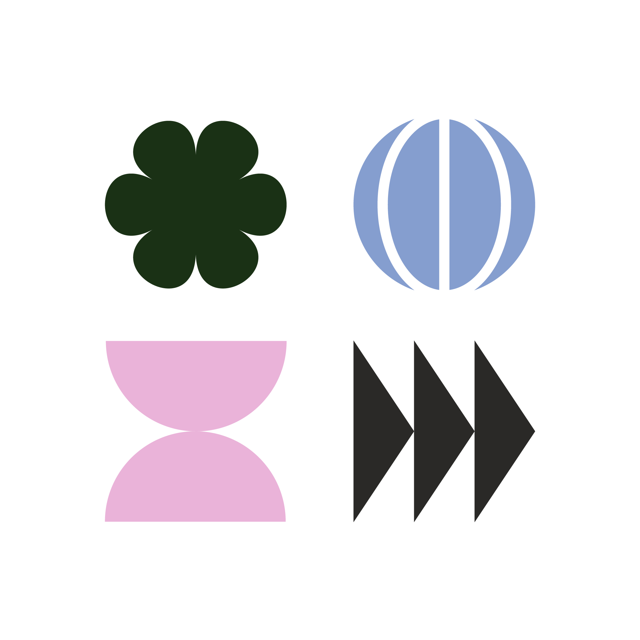 Graphic with four colorful geometric shapes: a green flower, a blue sphere, a pink quarter circle, and black right-facing arrows, set against a black background.