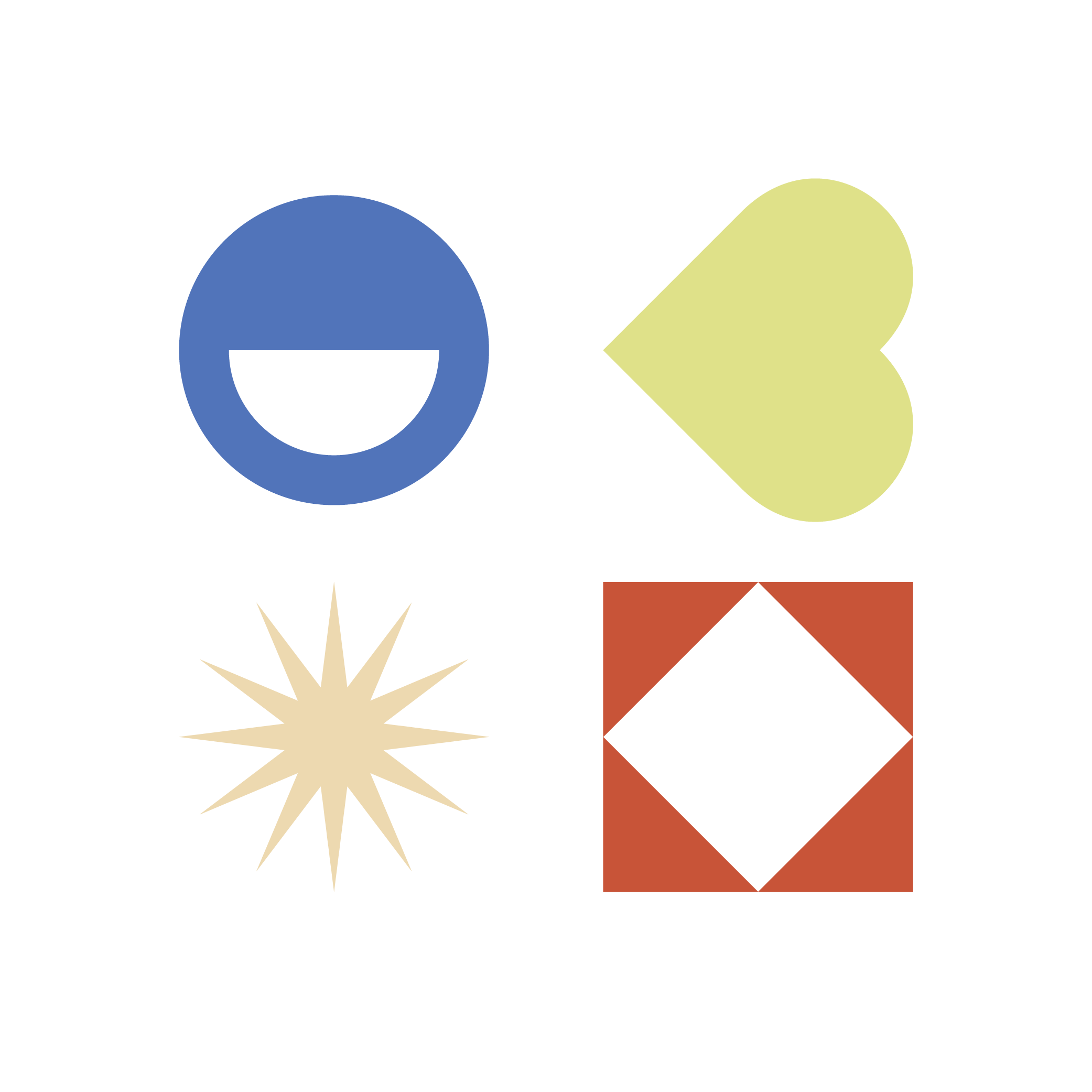 Four colorful shapes on a black background, including a blue smiling face, a green heart, a beige star, and a red and black square with a diamond inside.
